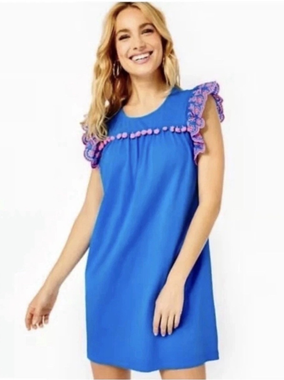Lilly Pulitzer Ave Mini Dress Pom-Pom Eyelet Embroidered Blue Flare Size S EUC